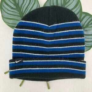 Nike Blue Black White Stripe Knit Cuff Swoosh Logo OSFM Youth Beanie Winter Hat
